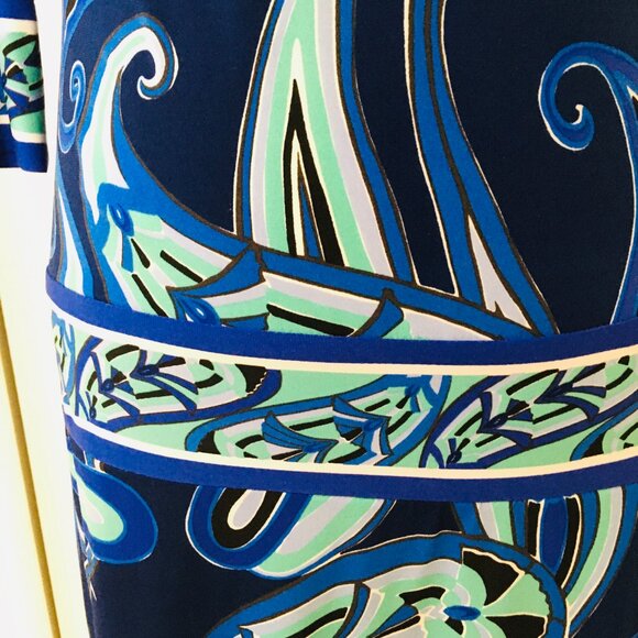 Drop Waist Dress Blue White Green Swirls ¾ Sleeves Stretch Ali Ro Women’s Size 2 - Picture 9 of 16